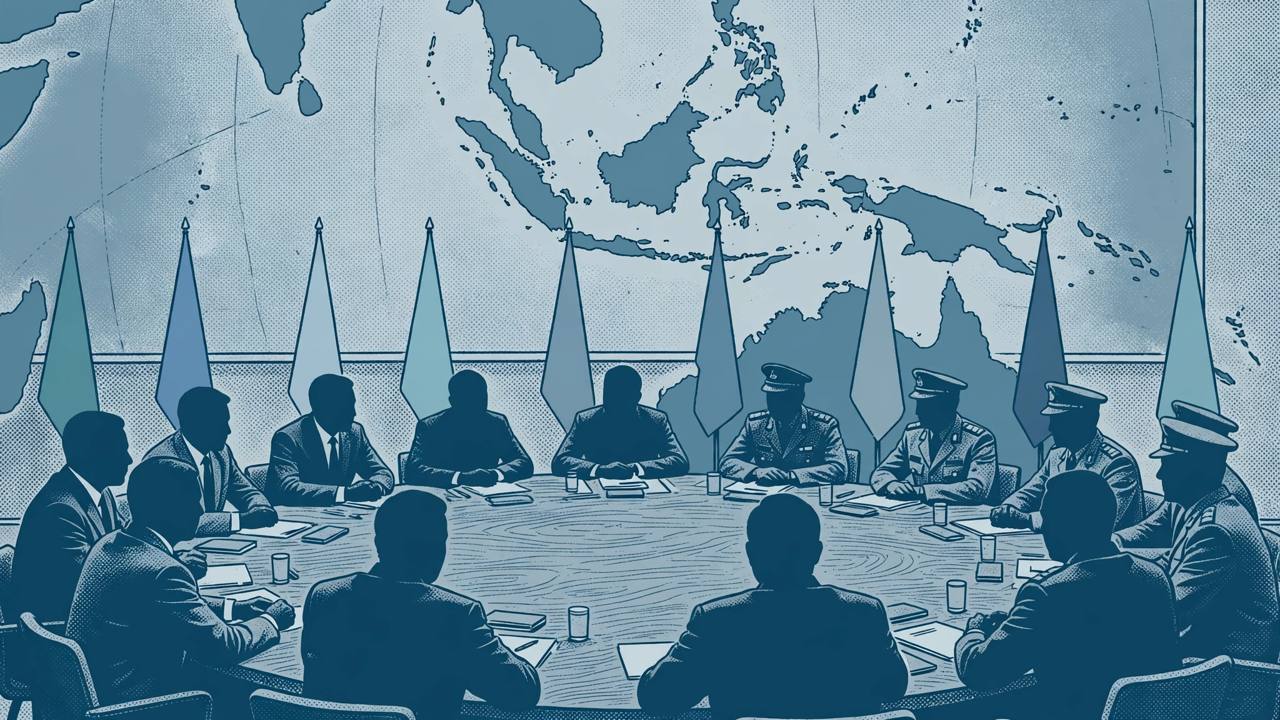 Editorial illustration of defence ministers from many countries around a round conference table with an Indo-Pacific map behind them, generic figures, no real person's face