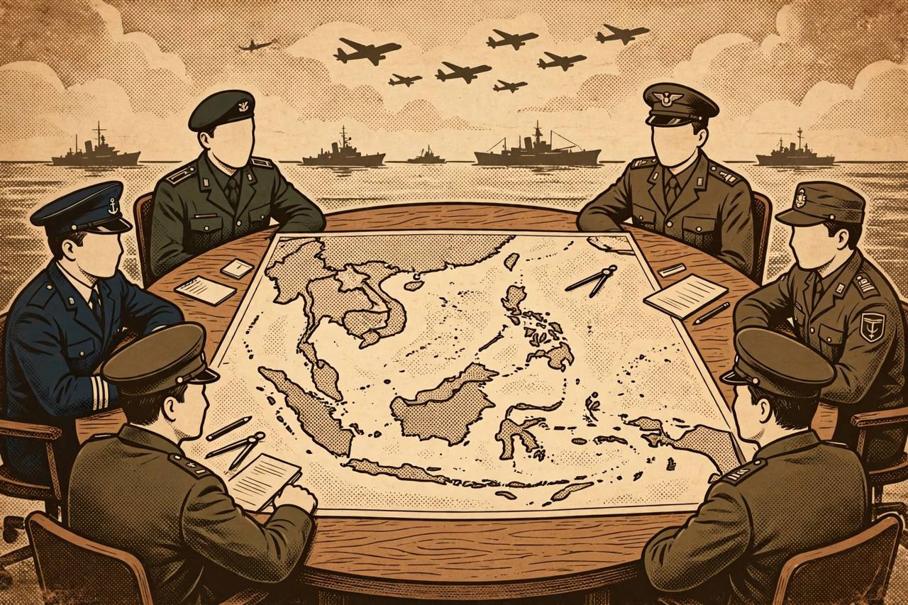Editorial illustration of generic defence ministers around a conference table with a map of Southeast Asia