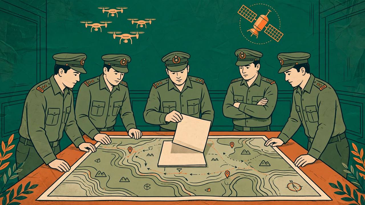 Editorial illustration of generic Indian Army officers around a conference table map as a warfare doctrine document is unveiled, with drones above