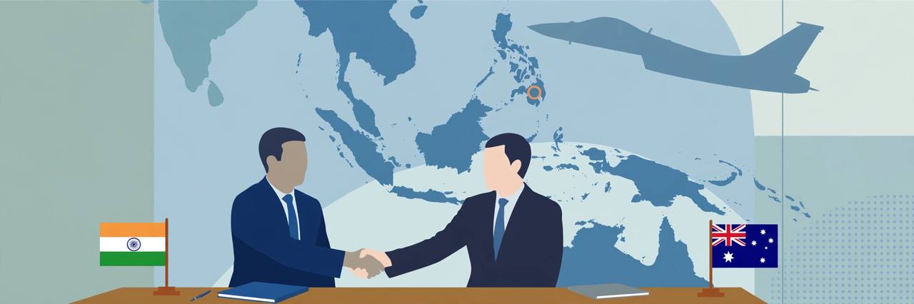 Editorial illustration of two generic defence officials shaking hands at a conference table with generic India and Australia flags, a jet silhouette and an Indo-Pacific map, no real person's likeness