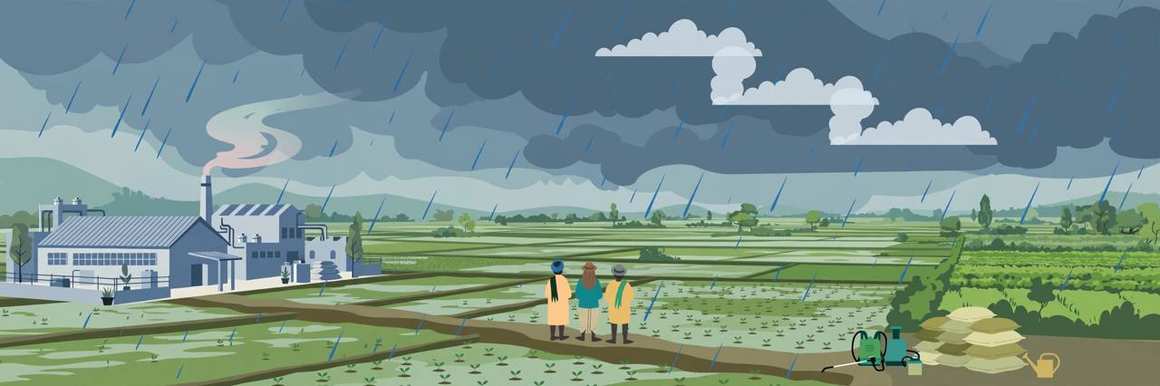 Editorial illustration of a crop-protection factory beside rain-soaked farmland with generic farmers and agri-input sacks
