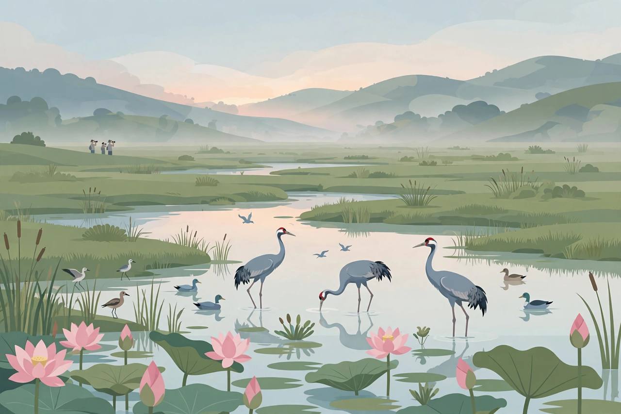 Editorial illustration of an Indian wetland lake with sarus cranes and migratory waterbirds at dawn
