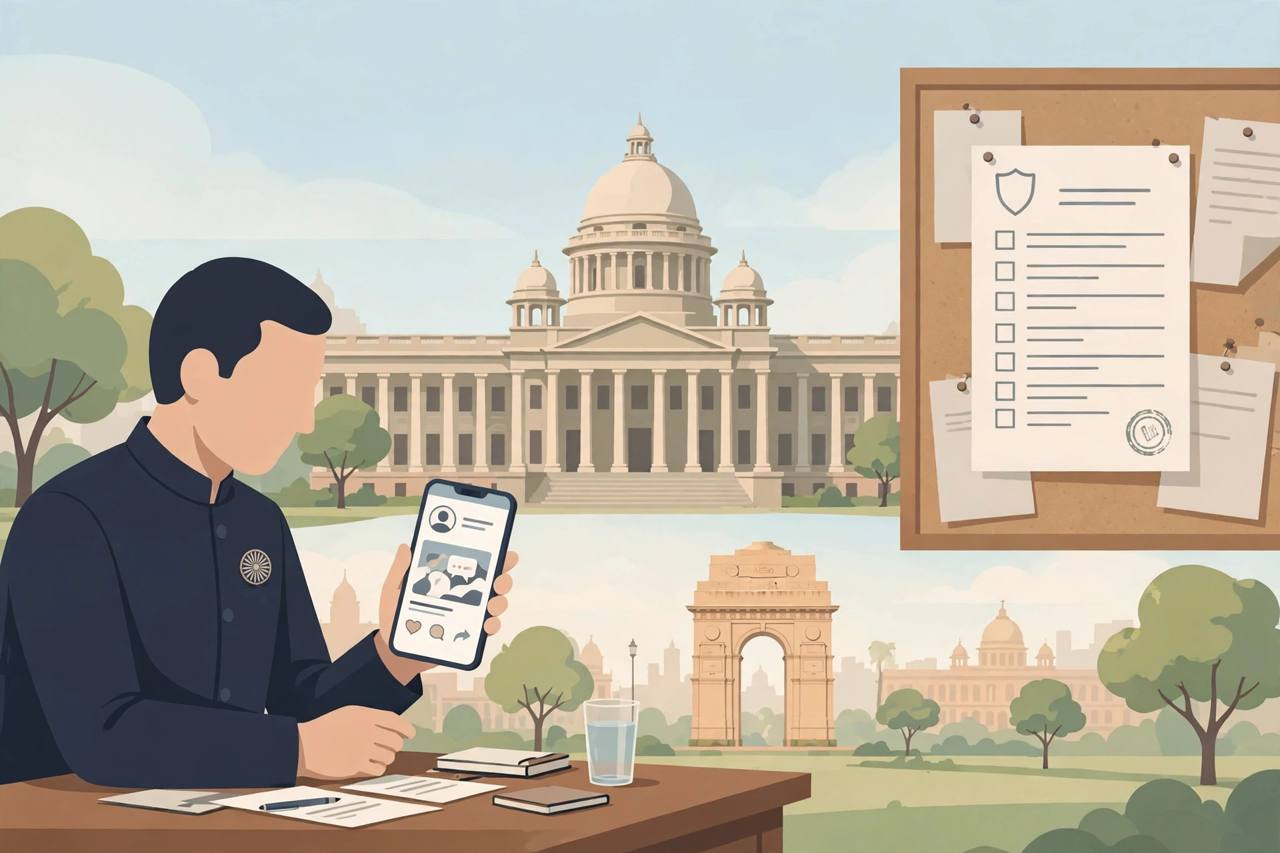 Editorial illustration of a generic politician looking at a smartphone social media post, with a generic courthouse and a police complaint document in the background in New Delhi