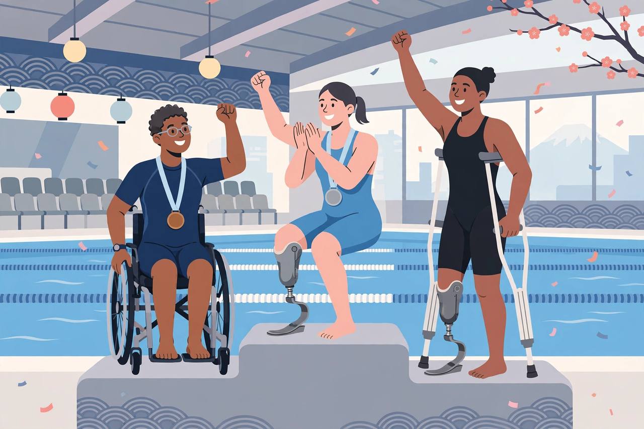 Editorial illustration of three generic para swimmers on a podium beside an indoor swimming pool, one wearing a bronze medal and one a silver medal