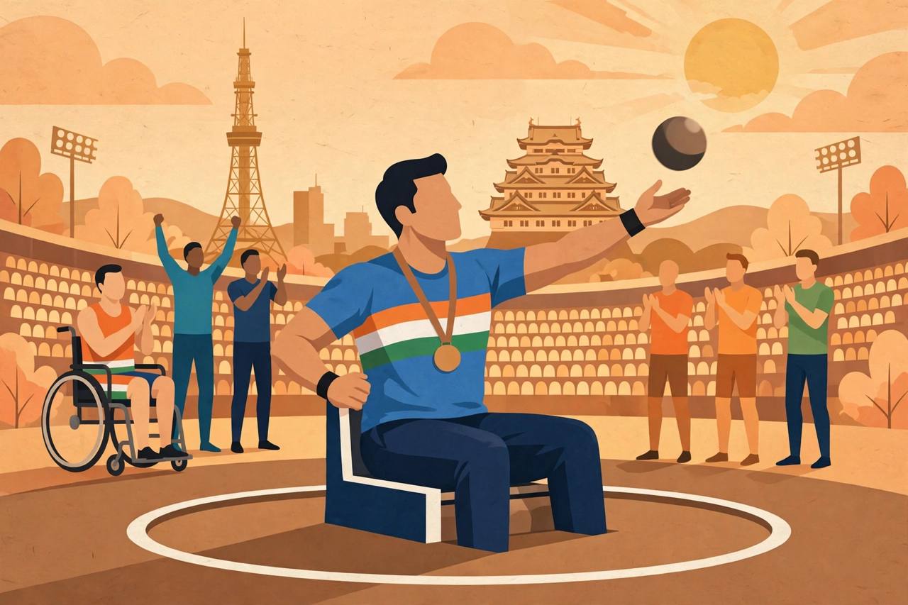 Editorial illustration of a generic Indian para-athlete throwing the shot put at the Asian Para Games in Nagoya