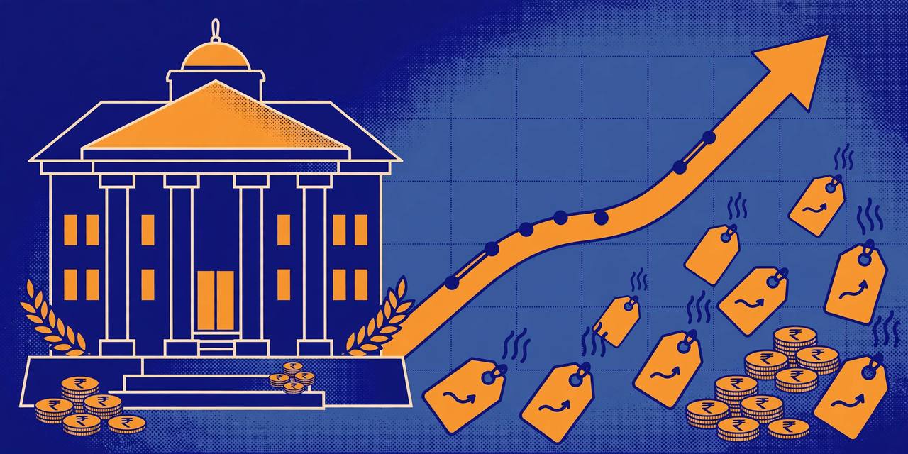 Editorial illustration of a stylised central bank building with a rising interest-rate arrow, price tags and rupee coins — flat style, no text, no real person's face