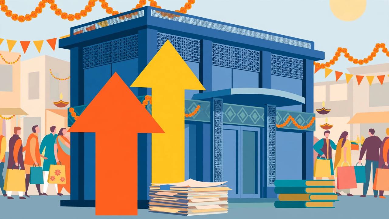 Editorial illustration of a bank building with two rising arrows, one ahead of the other, symbolising bank credit growing faster than deposits