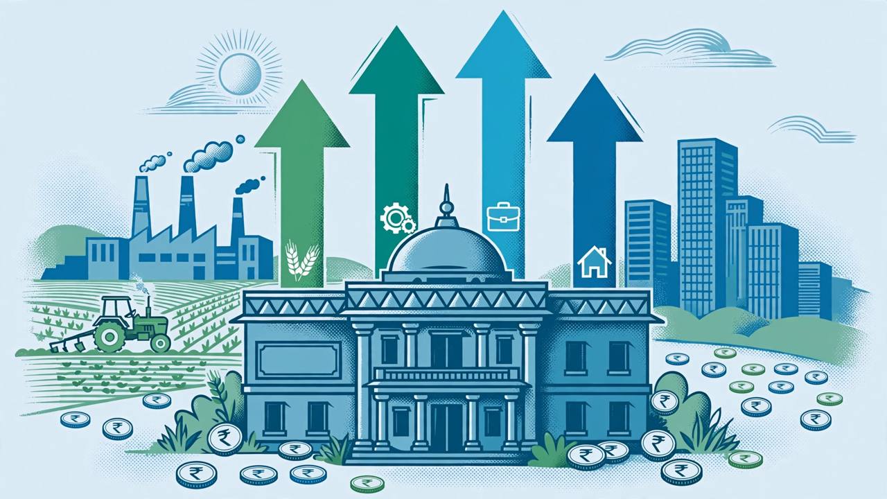 Editorial illustration of a bank building with four rising arrows for services, industry, agriculture and personal loans