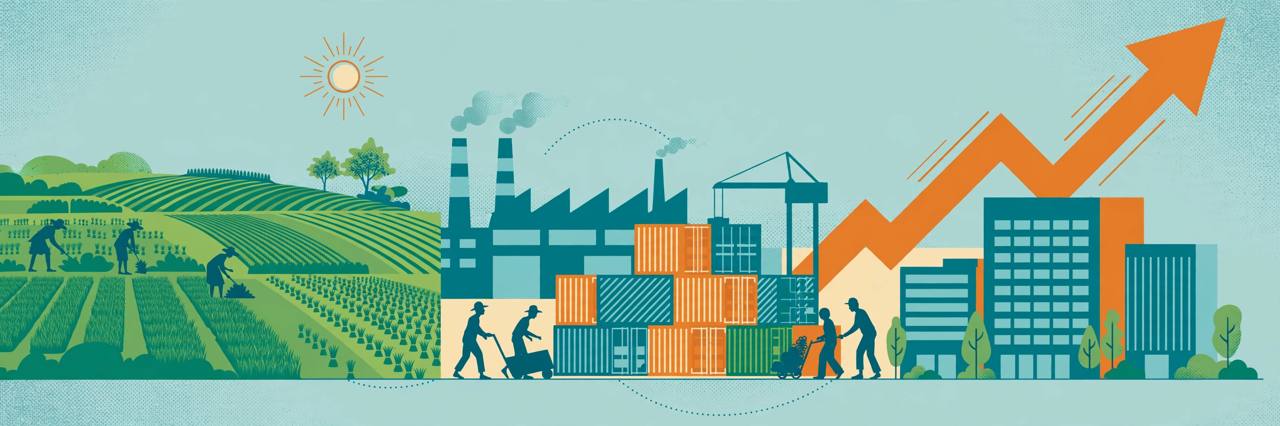 Editorial illustration of an Indian economy scene with a factory, farm field, export containers and a rising arrow, flat style, no real person