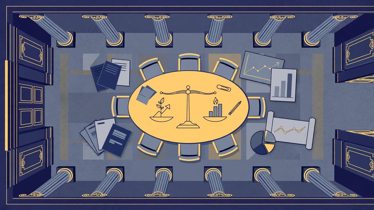 Editorial illustration of a central bank building with columns and a round boardroom table with charts, a balance scale weighing growth against inflation