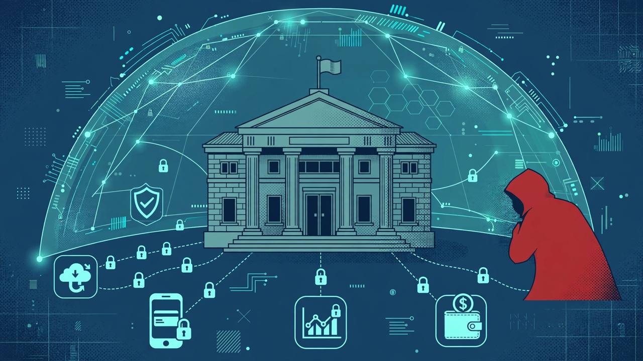 Editorial illustration of a bank protected by a digital shield with network links and padlocks, a hacker silhouette outside