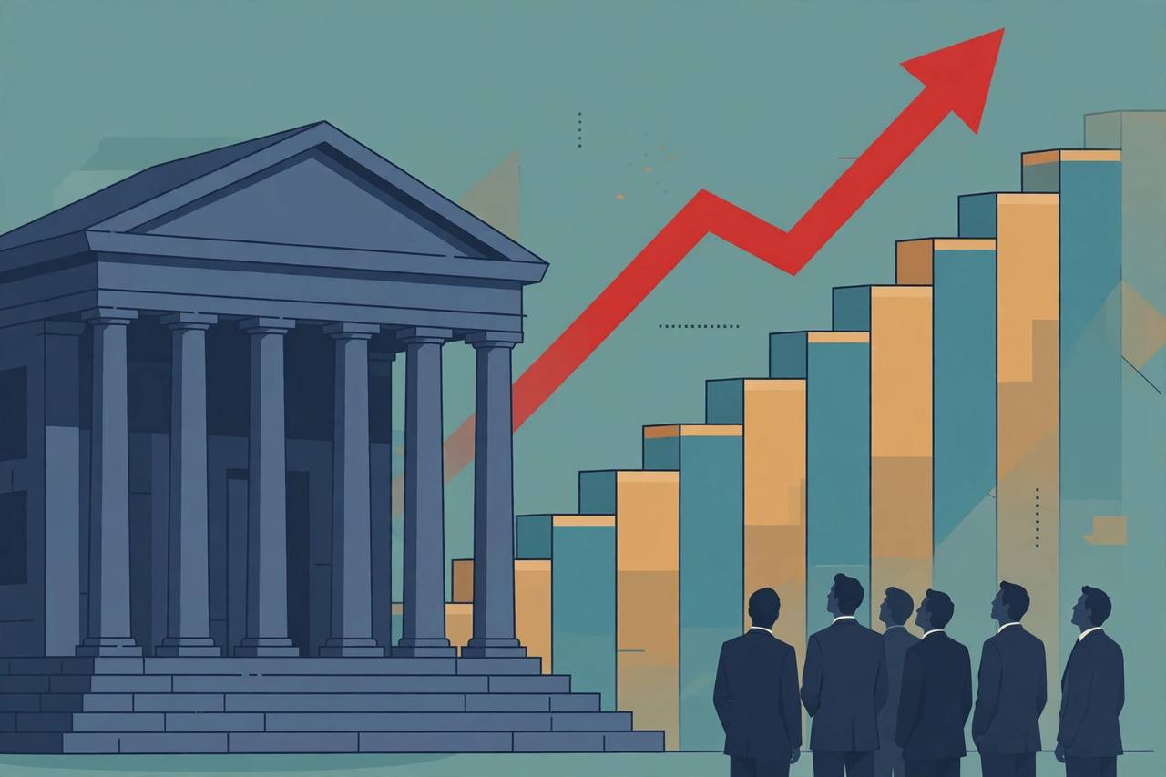 Editorial illustration of a columned central bank building with a rising staircase chart and a red upward arrow behind it