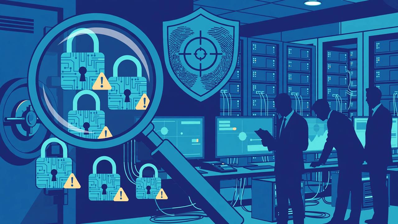 Editorial illustration of forensic investigators examining bank servers and digital locks with a magnifying glass, generic figures