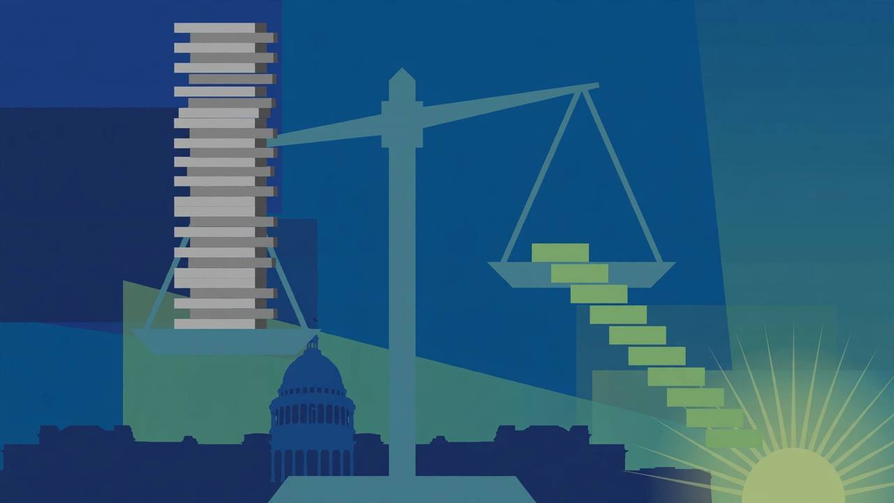 Editorial illustration of a balance scale with a tall stack of debt blocks on one side and a descending green staircase on the other, above a government building silhouette