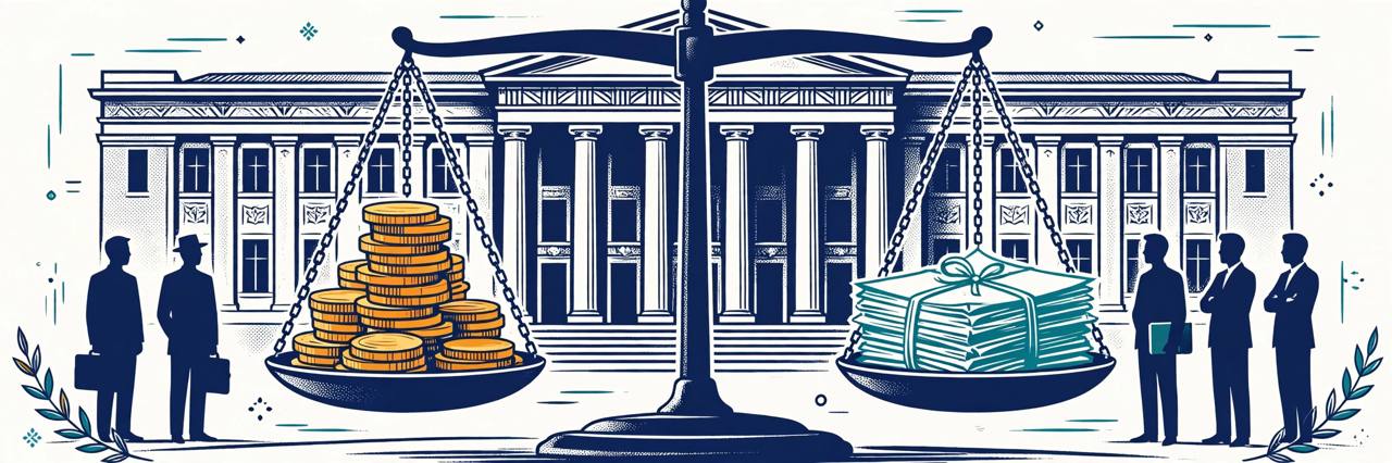 Editorial illustration of a central bank building with a balance scale weighing bank capital against loans, flat style, no real person