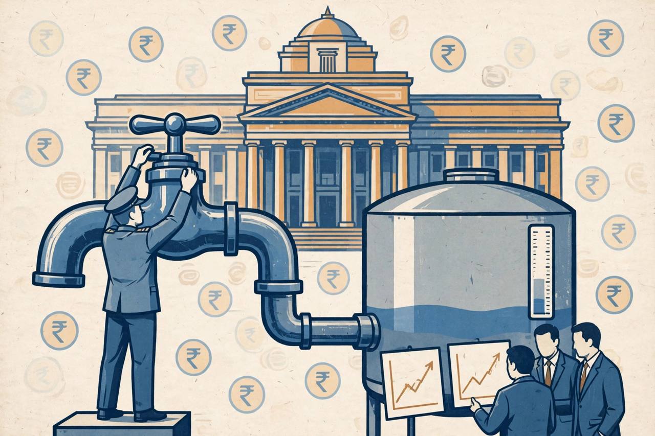 Editorial illustration of a central bank building with a giant tap being tightened, a nearly empty liquidity tank and generic bankers watching rising cost charts