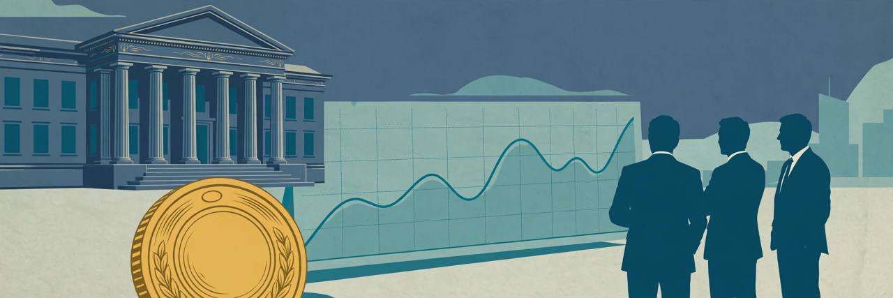Editorial illustration of a generic central bank building, a large rupee coin and a currency chart watched by generic figures