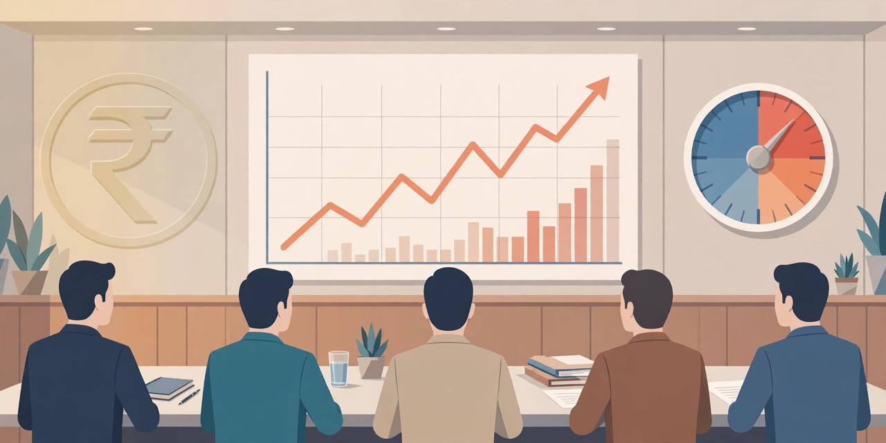 Editorial illustration of a central bank committee meeting with a rising inflation chart and an interest-rate dial