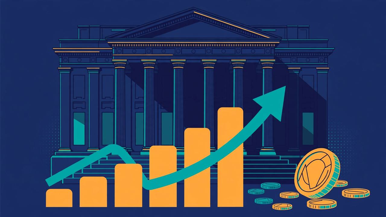 Editorial illustration of a central bank building with rising bar chart, upward arrow and coins in front of it