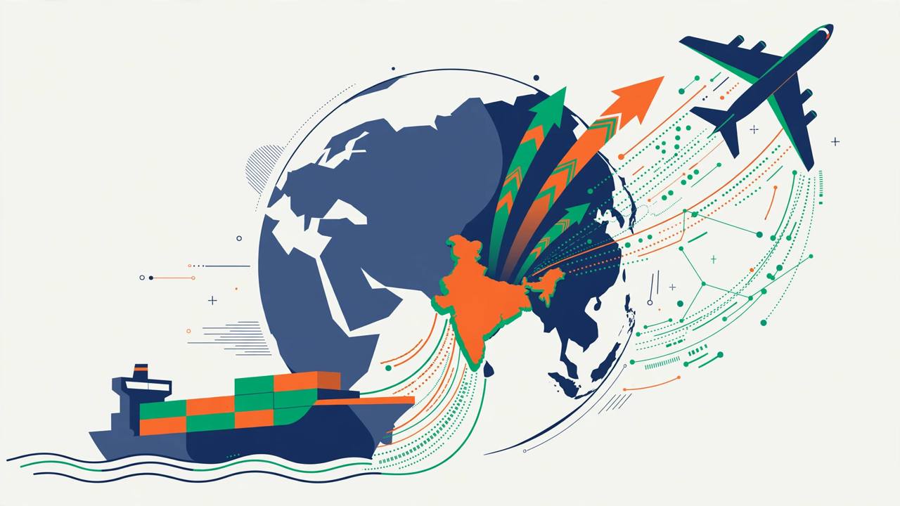 Editorial illustration of a globe centred on India with export arrows, a cargo ship, an aircraft and digital data streams