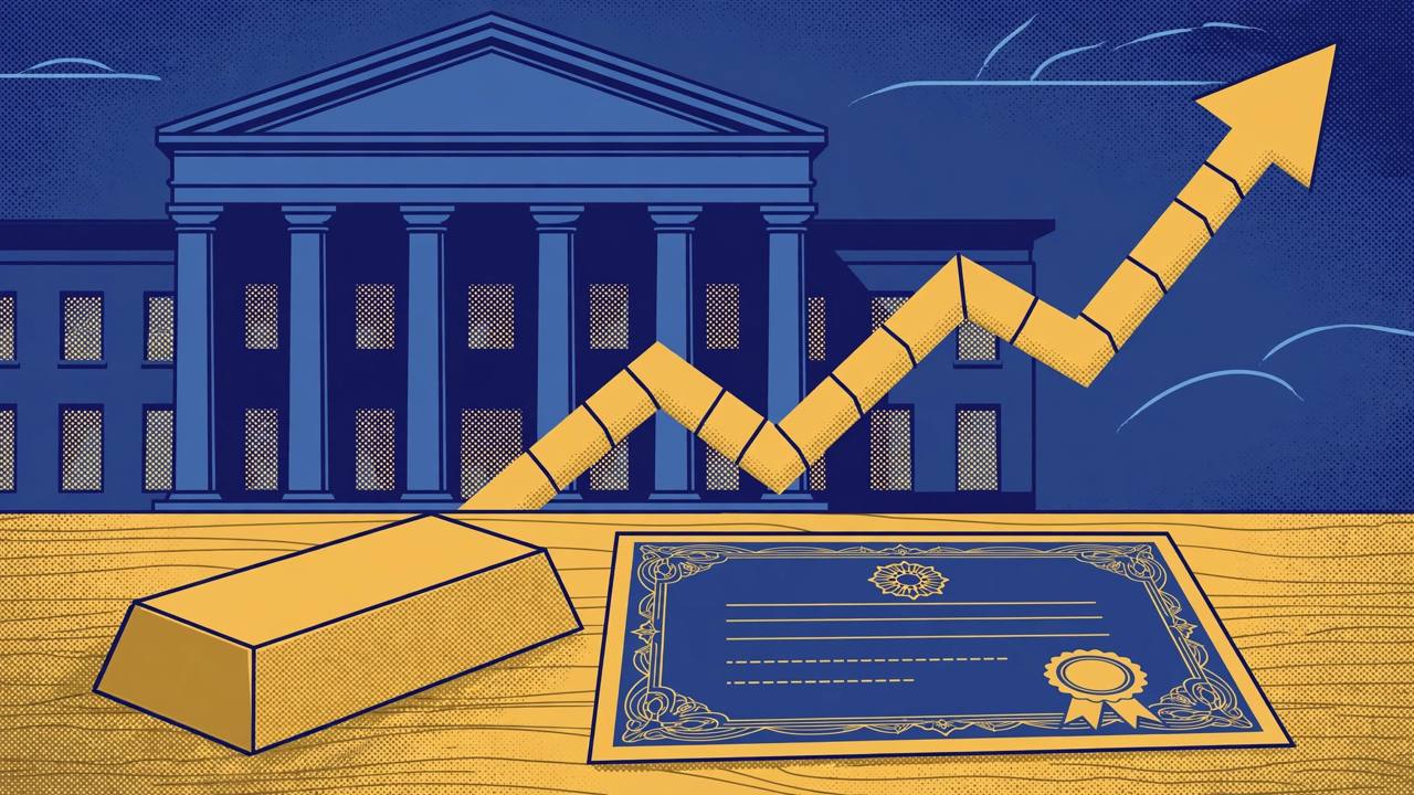 Flat editorial illustration of a gold bar and a sovereign gold bond certificate on a desk in front of a generic central bank building, with a rising gold arrow; no real person depicted