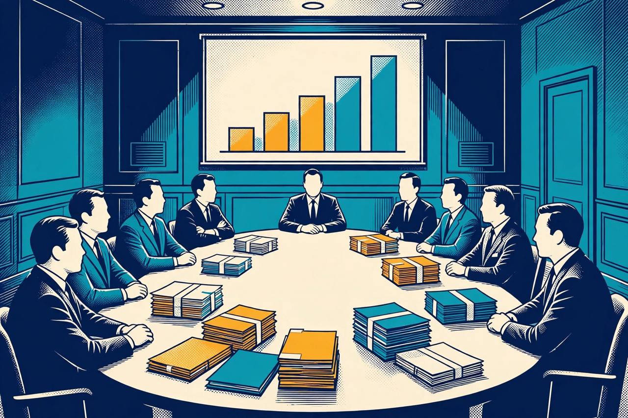 Editorial illustration of officials seated around a conference table with state finance documents and a chart