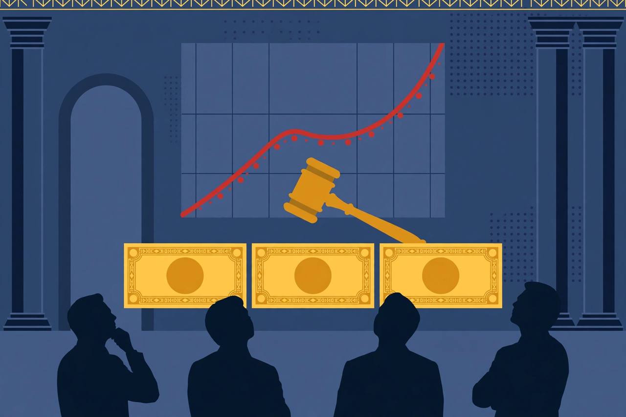Editorial illustration of an auction gavel above three paper treasury bills with a rising red yield curve and generic silhouetted traders - no real person's face, no text