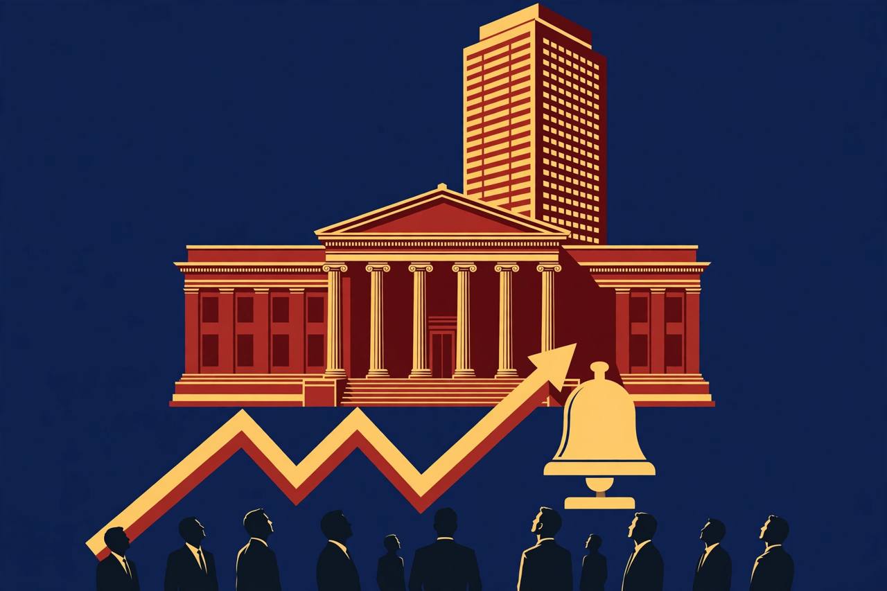 Editorial illustration of a central bank building, a corporate tower and a stock-market listing bell