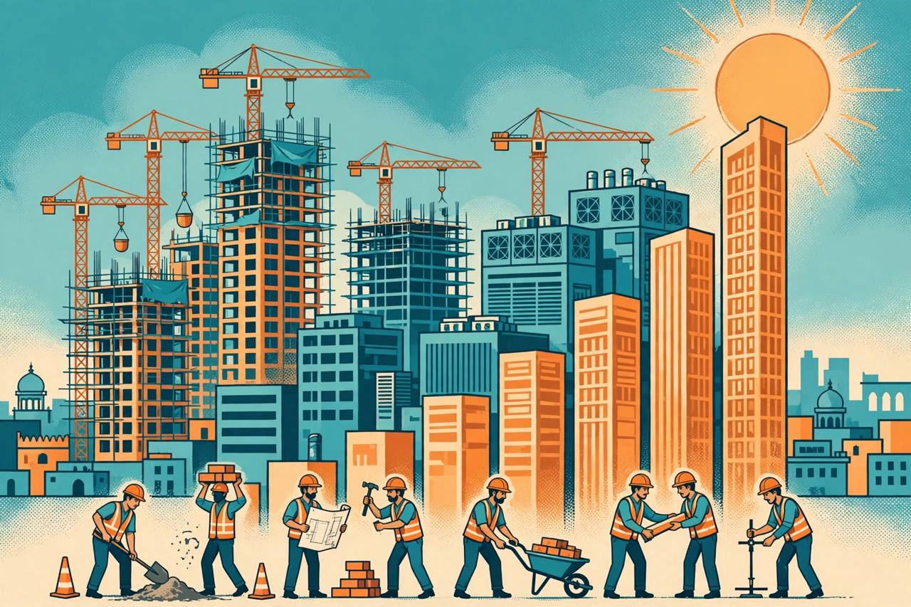 Editorial illustration of a growing Indian city skyline with apartment towers under construction, cranes and office blocks, with a rising bar chart made of buildings