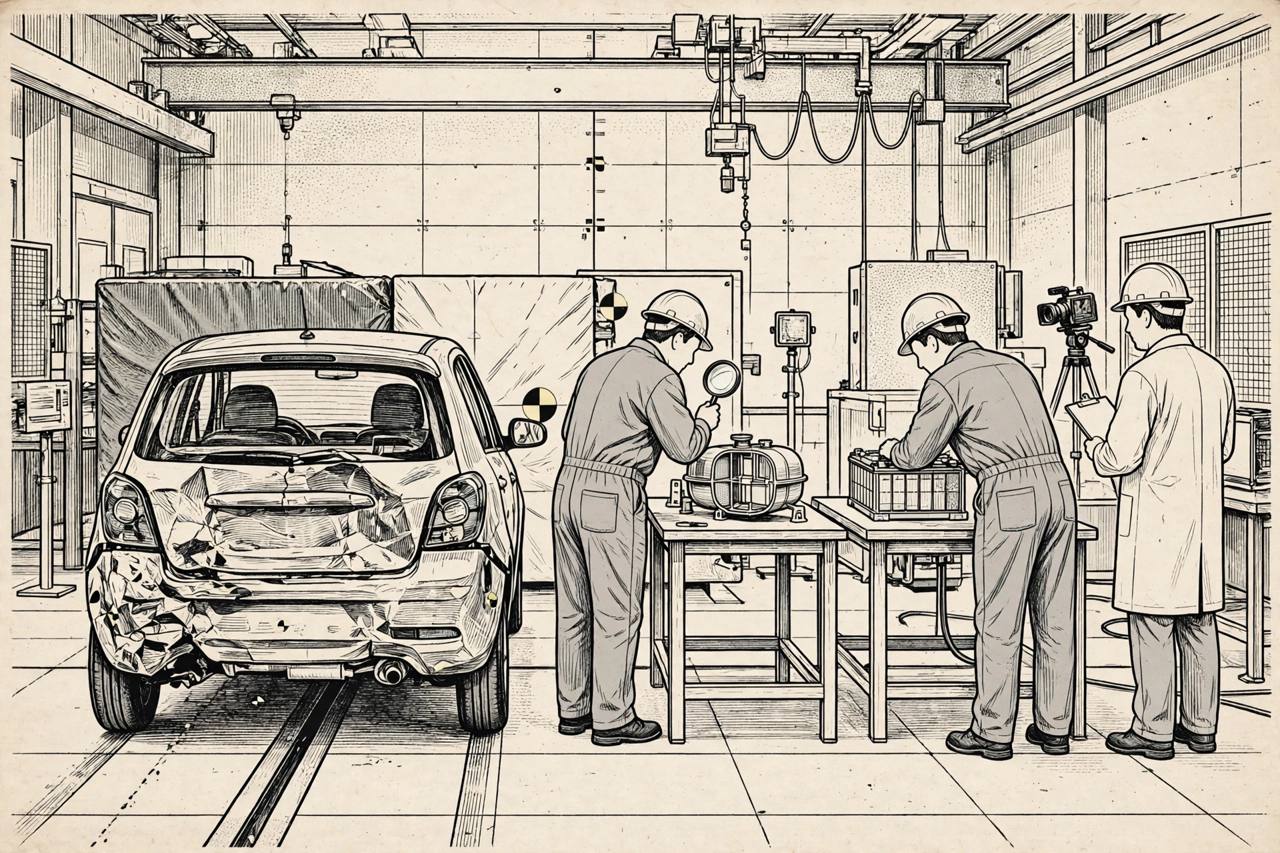 Editorial illustration of generic engineers examining a car's rear structure, fuel tank and electric battery in a crash-test facility