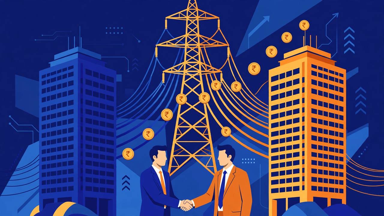 Editorial illustration of two power-sector finance towers merging under a transmission pylon in India