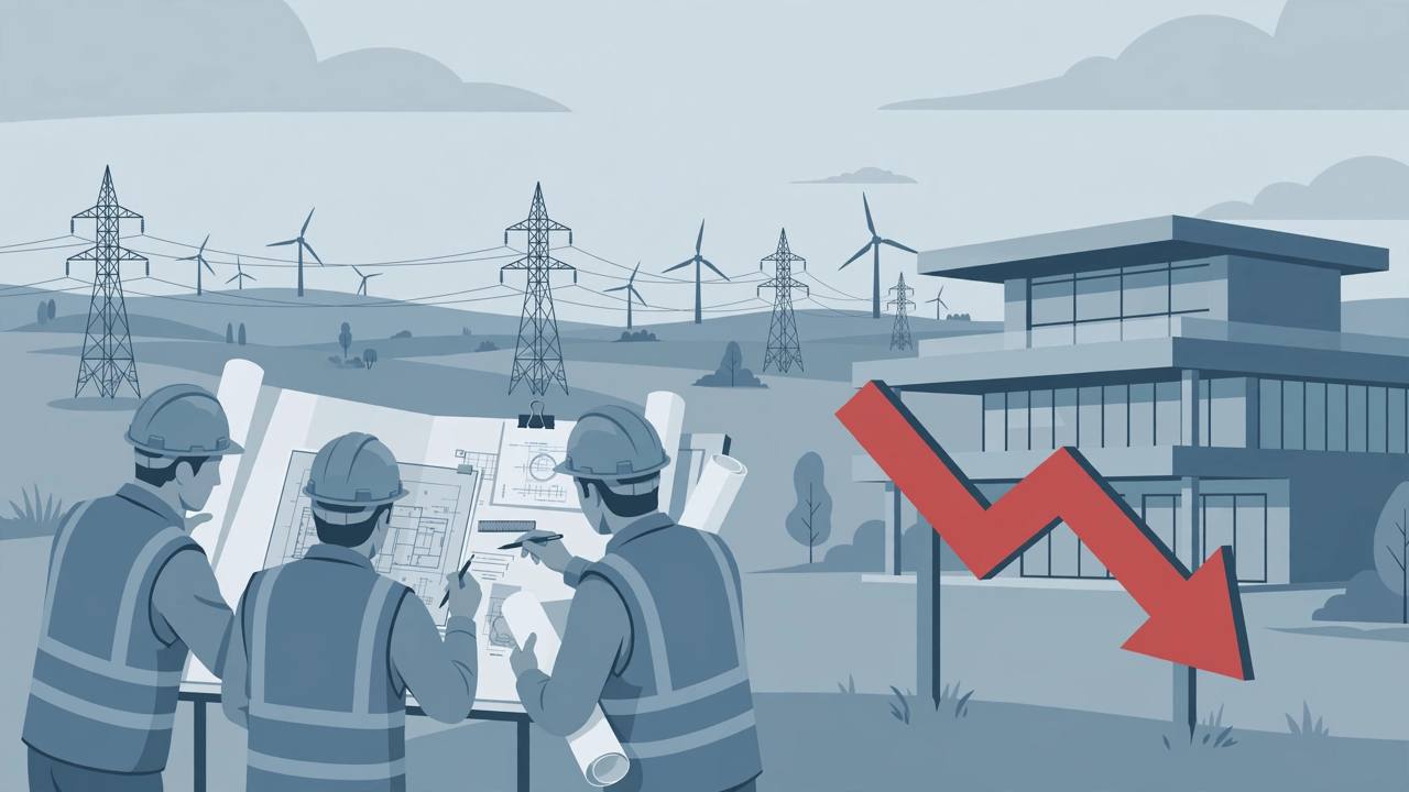 Editorial illustration of electricity transmission towers and wind turbines with a downward red chart arrow in front of an office building