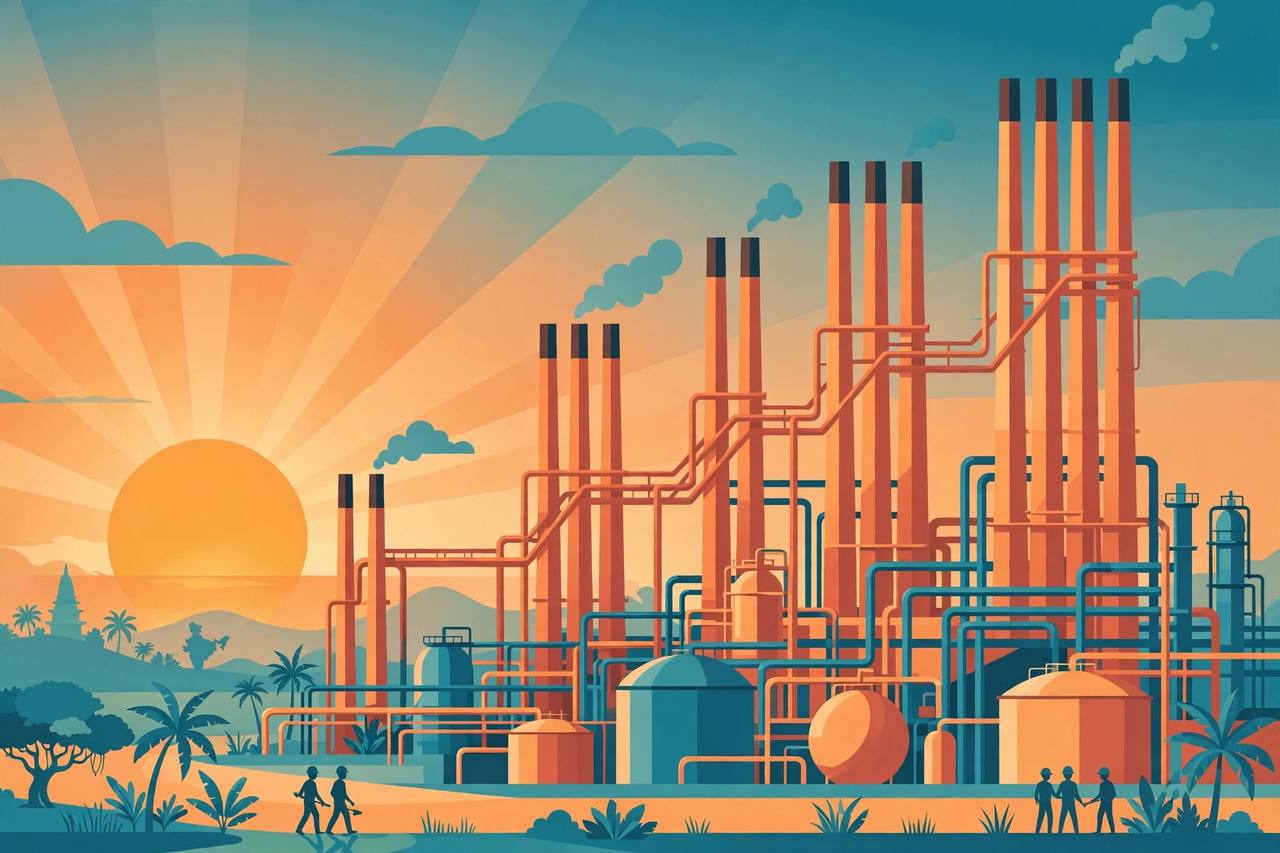 Editorial illustration of an oil refinery and petrochemical plant at sunrise in India
