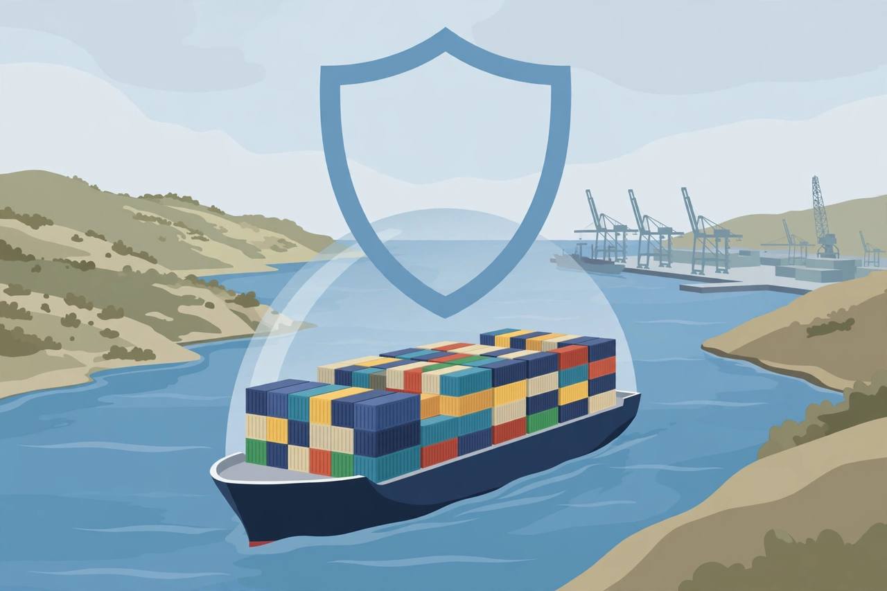 Container ship at sea with a protective shield over stacked cargo containers and port cranes behind (Editorial illustration)