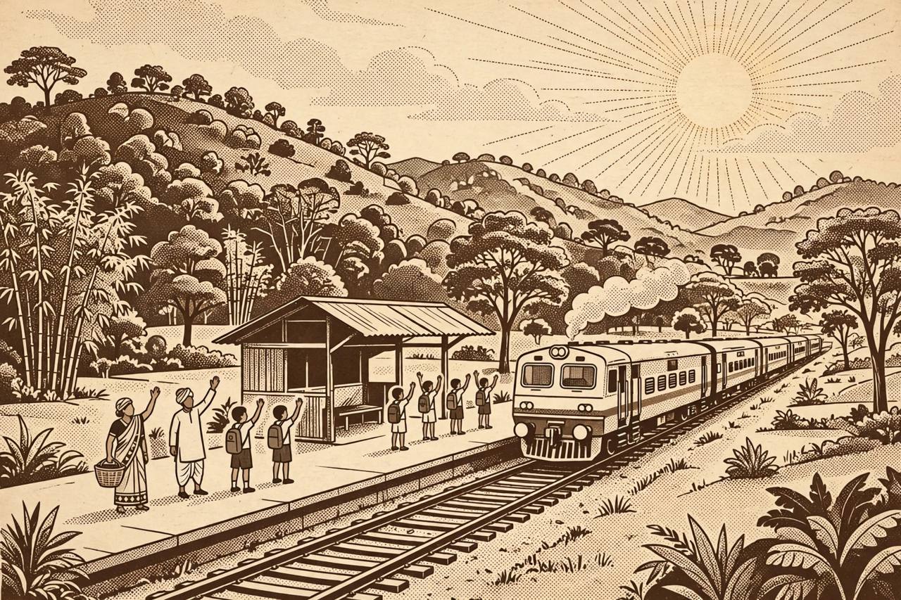 Editorial illustration of a passenger train arriving at a small rural station in Bastar, Chhattisgarh, with generic villagers and students waving on the platform