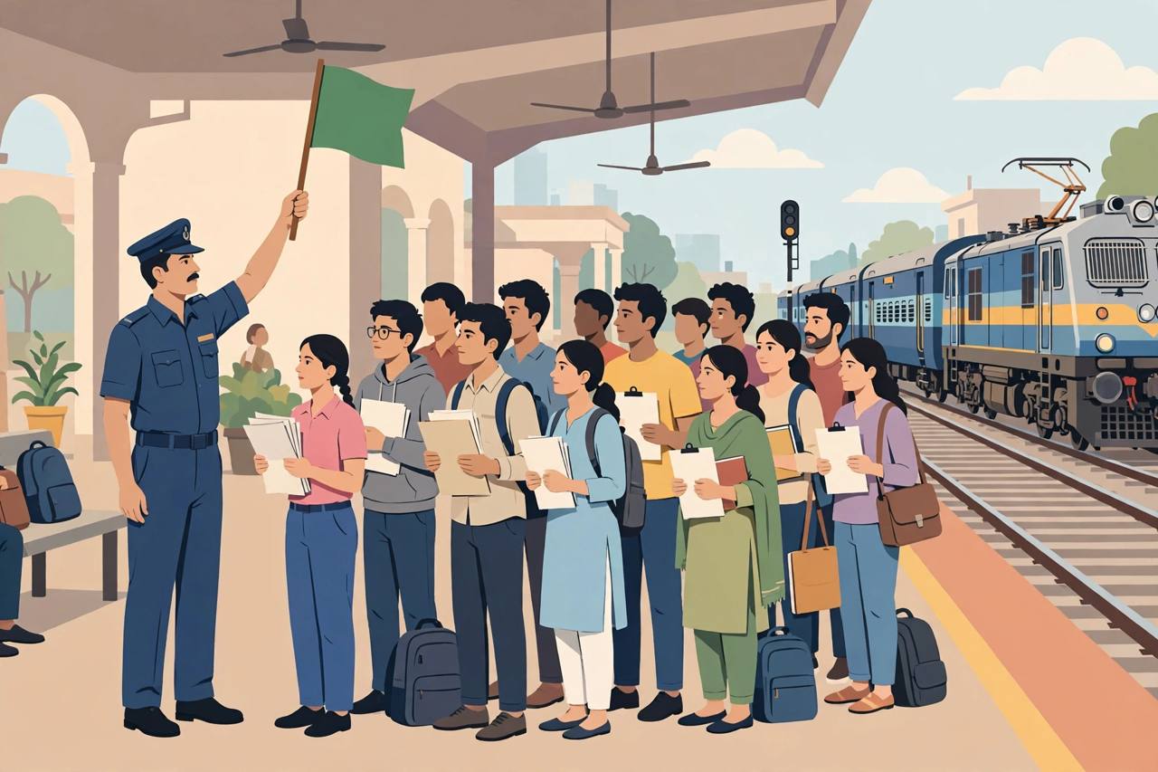 Editorial illustration of a railway station master with a green signalling flag and young job aspirants holding application forms on a platform as a train arrives, generic figures, no real person's likeness