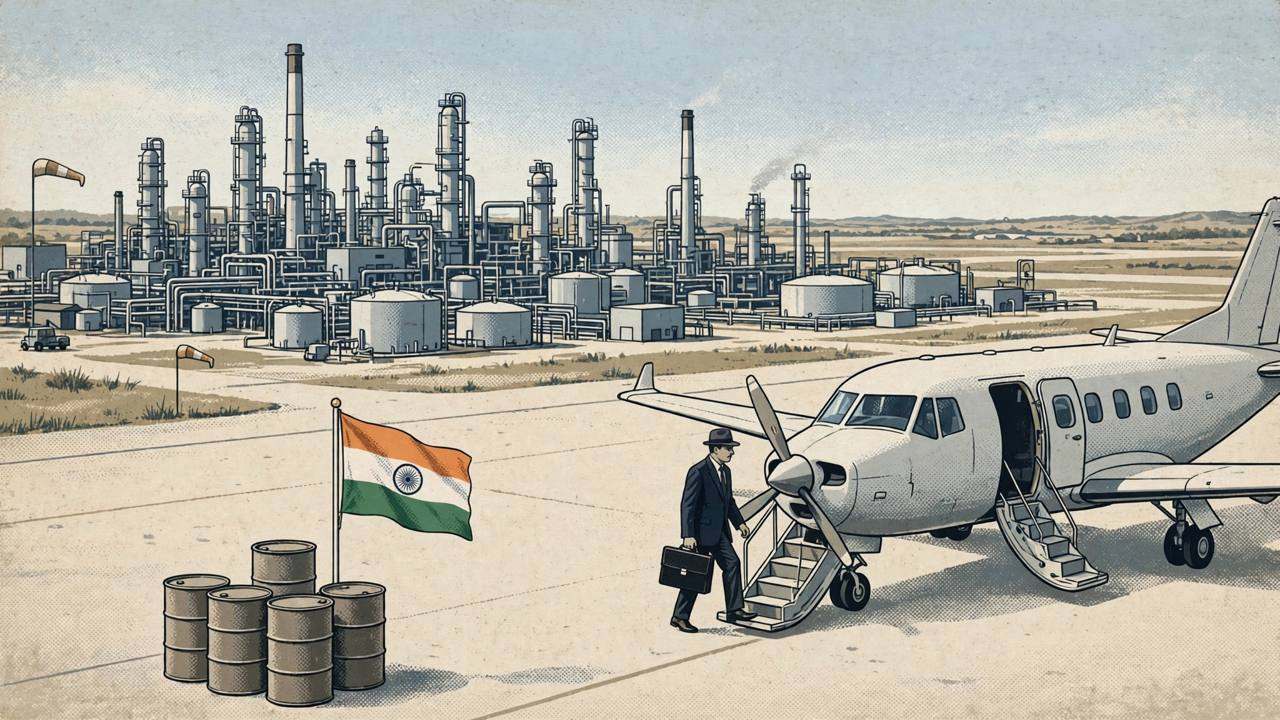 Editorial illustration of a generic official arriving by aircraft with a large oil refinery complex in the background in Jamnagar, Gujarat