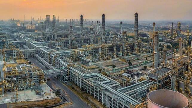 Aerial view of Reliance Industries' Jamnagar refining complex in Gujarat at dusk, the world's largest refining complex