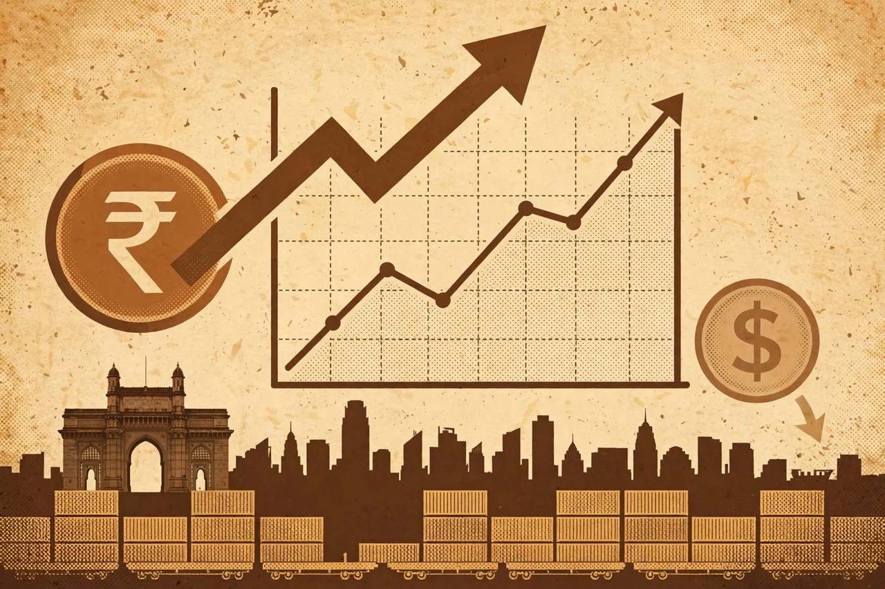 Editorial illustration of the Indian rupee strengthening against the US dollar with an upward chart and Mumbai skyline