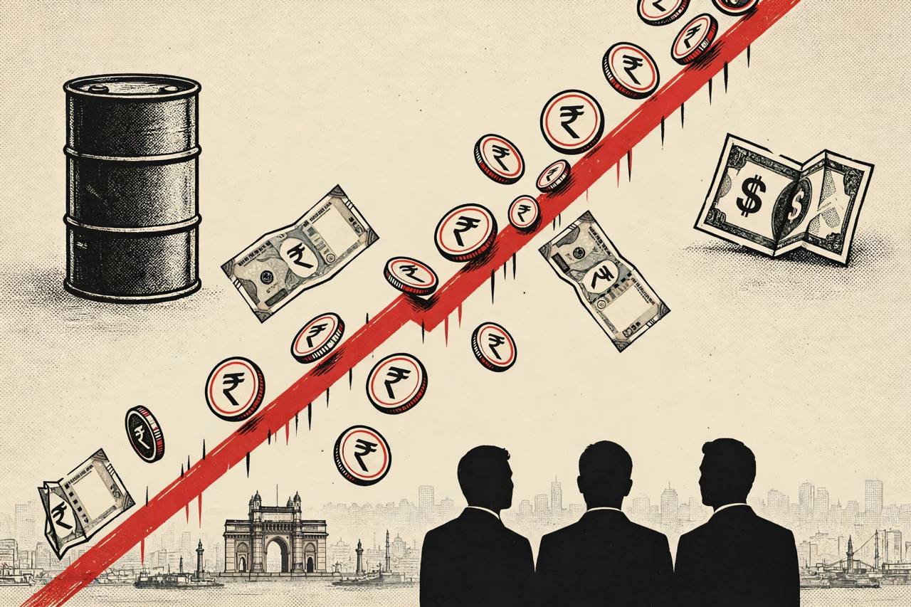 Editorial illustration of rupee coins sliding down a falling chart with an oil barrel and dollar in the background