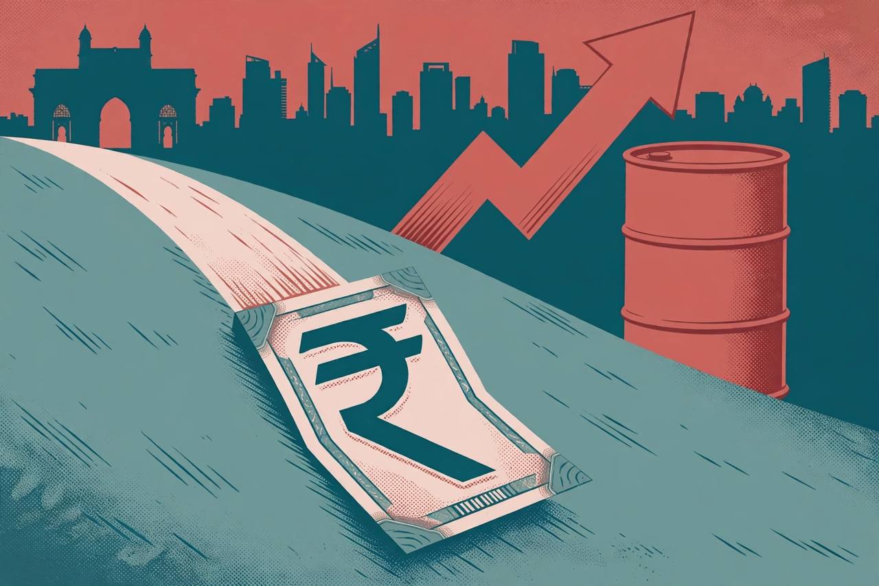 Editorial illustration of a rupee motif sliding down as an oil barrel and rising crude arrow loom behind, with a Mumbai skyline silhouette