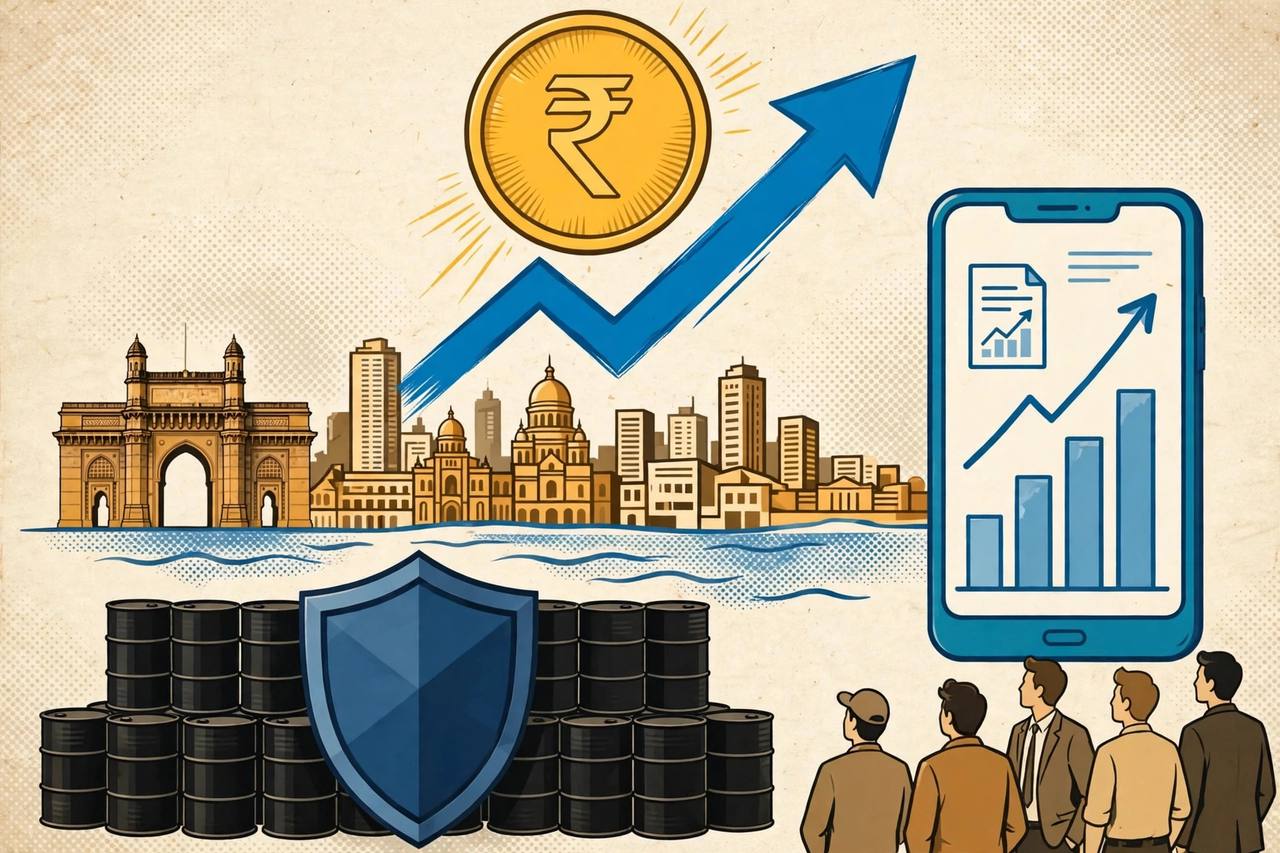 Editorial illustration of a rising rupee coin and upward arrow over the Mumbai skyline, a smartphone showing IPO charts, and oil barrels behind a shield