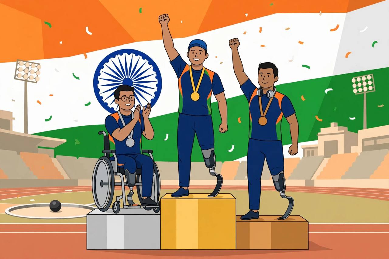 Editorial illustration of three generic Indian para-athletes sweeping the shot put podium at the Asian Para Games