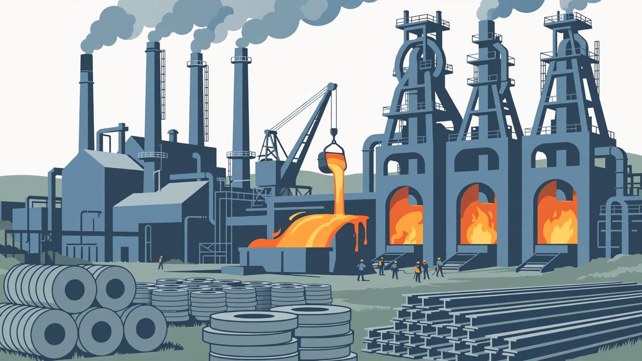 Editorial illustration of a steel plant with blast furnaces, molten steel, steel coils and rails, generic figures, no real person's likeness