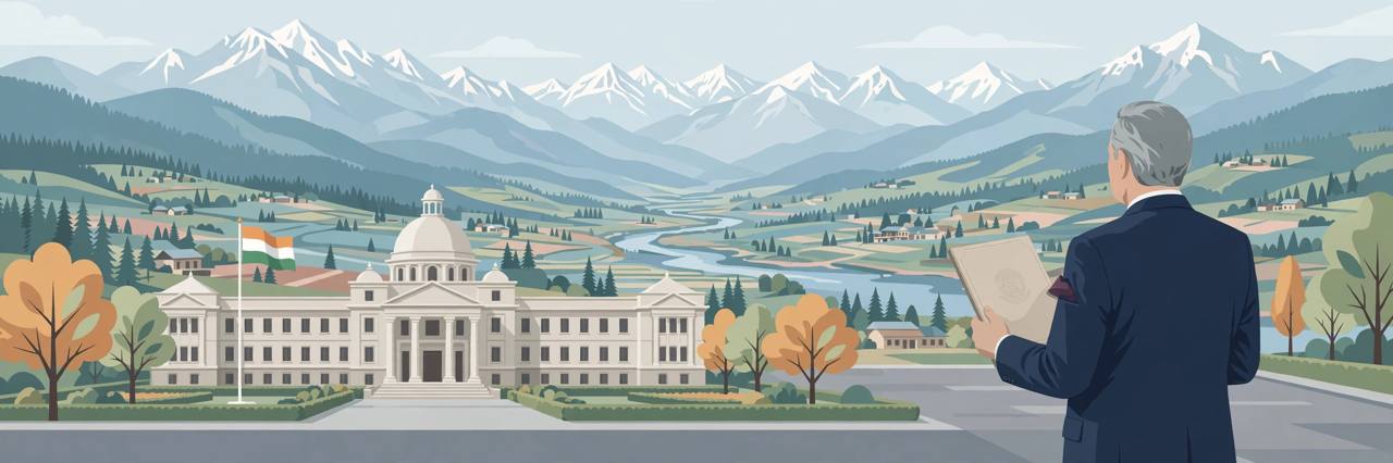 Editorial illustration of a generic senior official holding an appointment document before a secretariat building with Himalayan mountains behind; no real person depicted