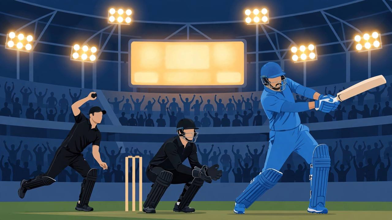 Editorial illustration of an Indian batter in blue playing a finishing shot under floodlights against New Zealand