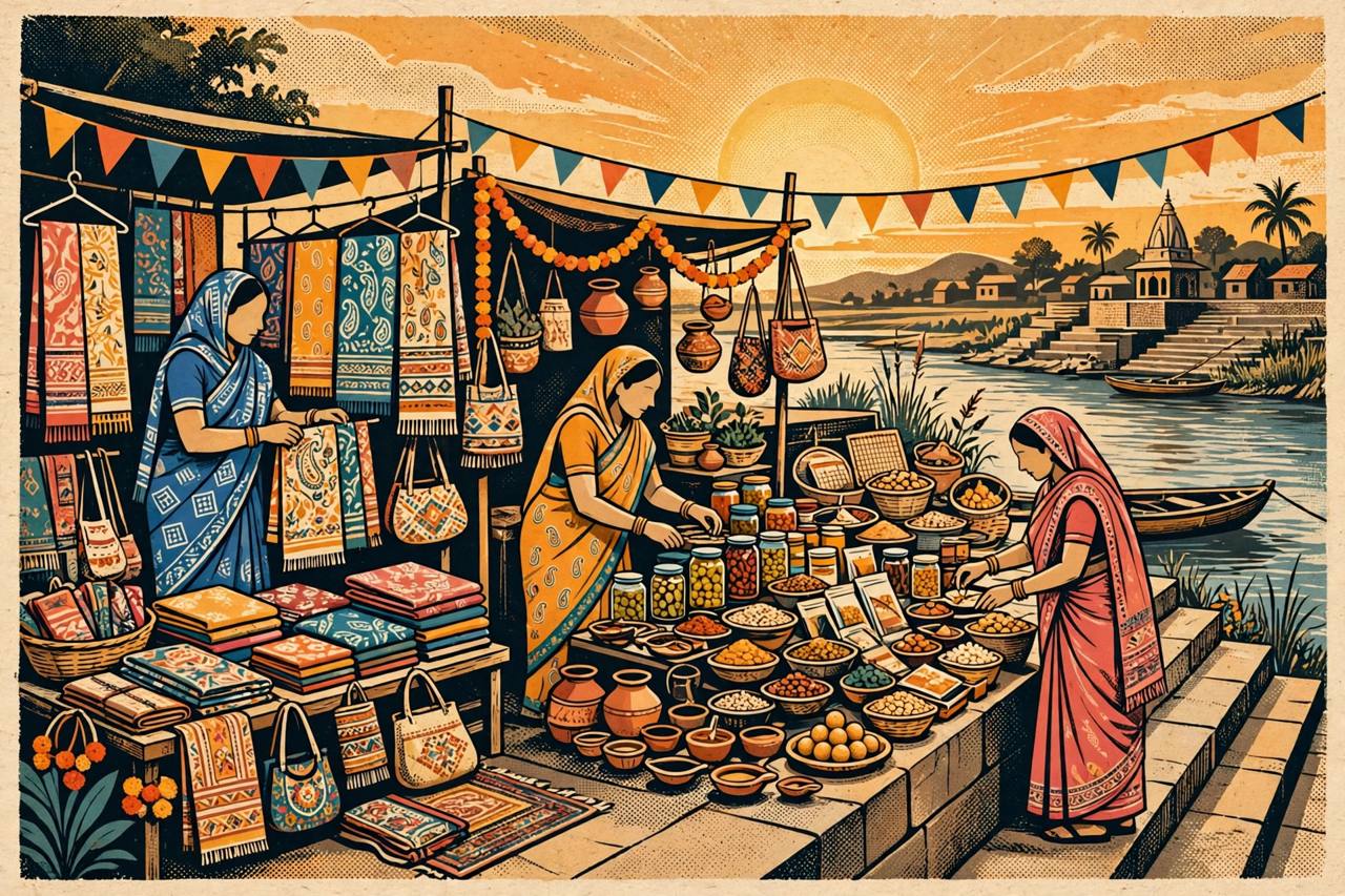 Editorial illustration of rural women entrepreneurs at market stalls by a river ghat in Vijayawada - no real person's face