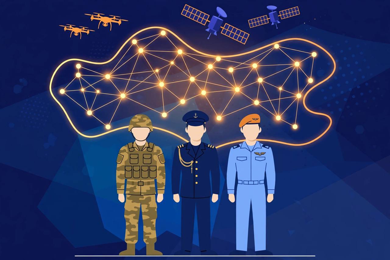 Editorial illustration of generic Army, Navy and Air Force figures before a glowing connected network with drones and satellites