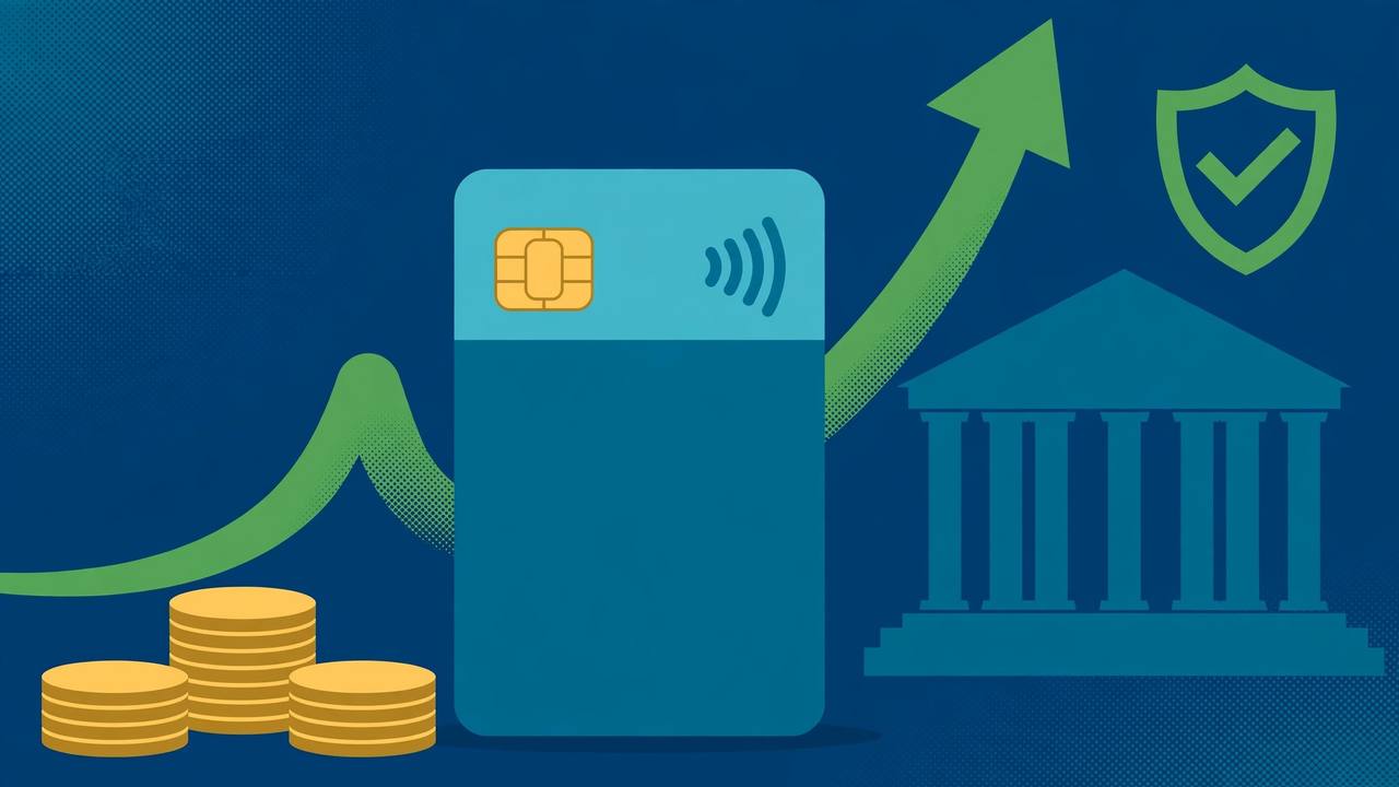 Editorial illustration of a large credit card with a rising green arrow, gold coin stacks, a bank building and a shield symbol