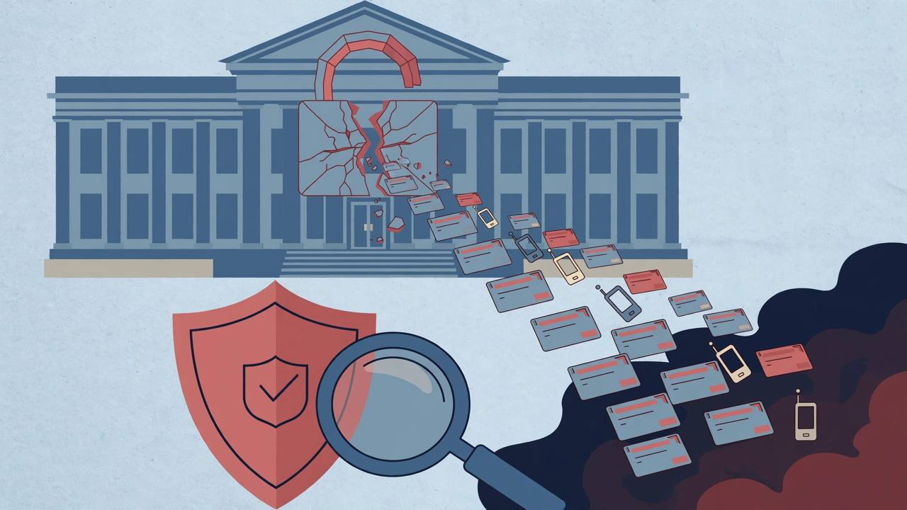 Editorial illustration of a bank building with a cracking digital padlock and data cards leaking into darkness